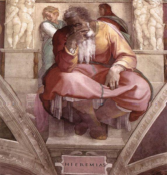 하나님 뜻에 따라 이스라엘의 몰락을 예고했다가 공공의 적이 되어버린 '예레미야 선지자'. 미켈란젤로, 1511, 프레스코화