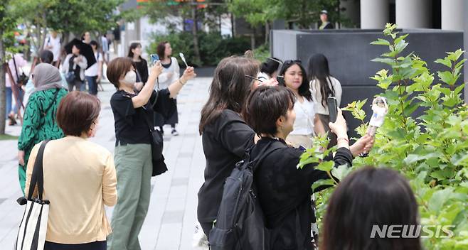 [서울=뉴시스] 권창회 기자 = 12일 오전 서울 용산구 하이브 사옥에서 외국인 팬들이 방탄소년단(BTS) 데뷔 10주년 기념 그림을 찍고 있다. 2023.06.12. kch0523@newsis.com