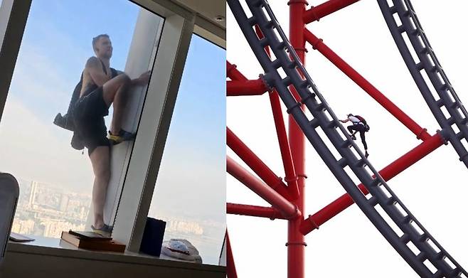 12일 롯데월드타워에 오르는 조지 킹-톰프슨(왼쪽). 오른쪽은 지난해 스페인의 한 롤러코스터에 오르는 모습.