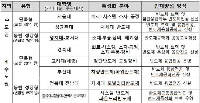 반도체 특성화 대학 지원사업 선정 대학(자료: 교육부)