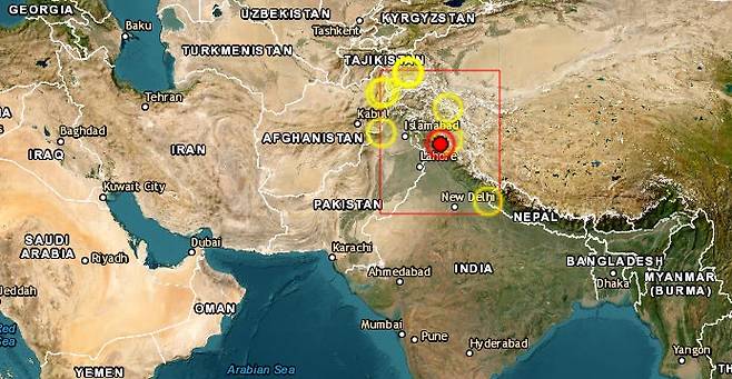 13일(현지시간) 인도 카슈미르 동부에서 규모 5.7의 지진이 발생했다고 유럽지중해지진센터(ESMC)가 밝혔다. (ESMC 홈페이지 갈무리) 2023.6.13.