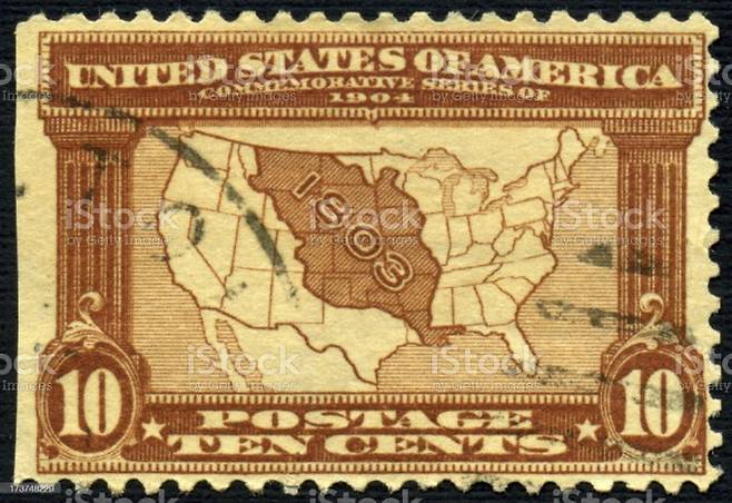 1803년에 루이지애나 땅을 구입한 것을 도안으로 하여 1904년 미국에서 발행한 우표. 오른쪽에 있는 미국이 중간에 있는 루이지애나 땅을 구입함으로써 영토가 두 배 정도 커졌다. 게티이미지뱅크 제공