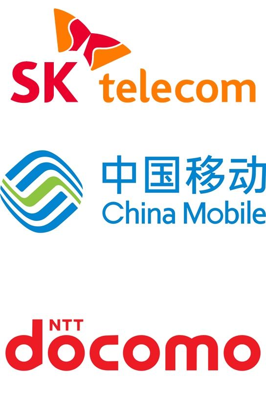SKT(위에서부터), 차이나모바일, NTT도코모 로고.