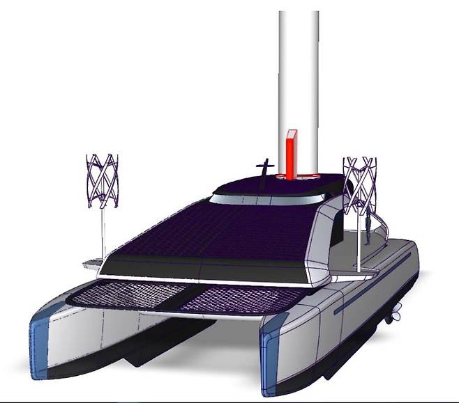 마그네틱 방식 로터세일 탑재 및 연안선박 적용 평가를 위한 실증플랫폼 조감도.[KRISO 제공]