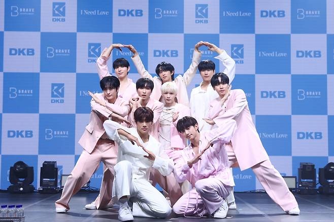 Boy band DKB holds a press conference for its sixth EP, "I Need Love," in Seoul on Wednesday. (Brave Entertainment)