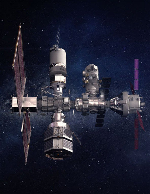 달 궤도에 구축될 우주정거장인 ‘게이트웨이’의 상상도. 게이트웨이는 달 착륙과 화성 탐사를 위한 전초기지 역할을 하게 된다. 사진 출처 NASA 홈페이지
