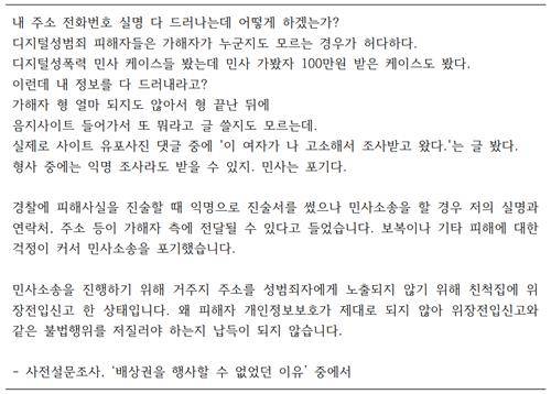 여성폭력 피해자 손해배상 청구 권리 확대 사전설문조사 내용 중 일부 [출처=한국여성의전화 재판매 및 DB 금지]