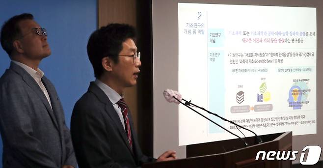 윤성훈 과학기술정보통신부 기초연구진흥과장이 15일 오후 세종시 정부세종청사에서 2023년 기초연구과제 신규과제 선정결과 및 성과사례를 발표하고 있다. 과학기술정보통신부는 2023년도 기초연구사업의 리더연구, 선도연구센터, 세종과학펠로우십 국외연수, 기본연구, 그리고 기초연구실의 신규과제를 선정하였다고 밝혔다. 2023.6.15/뉴스1 ⓒ News1 김기남 기자