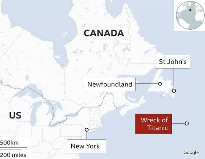 타이타닉호 잔해를 구경하는 관광 잠수정 ‘타이탄’이 지난 18일 잠수 1시간45분만에 교신이 끊어진 북대서양상 지점을 추정할 수 있는 지도. 1912년 타이타닉호가 침몰한 바로 그 지점이다. [사진 = BBC 갈무리]