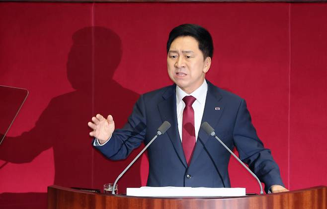 김기현 국민의힘 대표가 20일 국회에서 교섭단체 대표 연설을 하고 있다. ⓒ연합뉴스