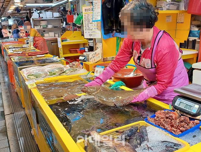 20일 오전 인천 남동구 논현동 소래포구 전통어시장에서 한 상인이 큼직한 광어를 들어 보이고 있다. (사진 = 이종일 기자)