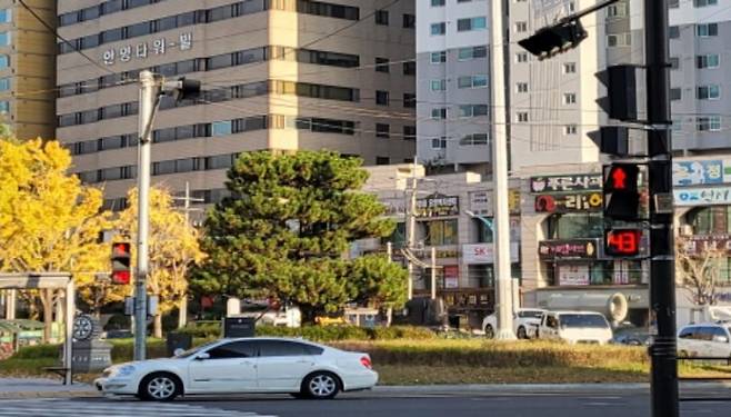 부산교대 앞 횡단보도에 설치된 새 보행신호 잔여시간 표시장치가 적색등의 남은 시간을 알려주고 있다. 부산시 제공