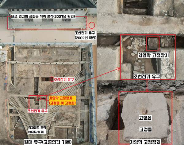 국립서울문화재연구소가 최근 광화문 월대 발굴에서 찾아낸 조선 전기의 유구와 유물. 고종 연간(1866)에 조성한 월대 아래 120㎝ 부근에서 조선 전기에 조성된 유구와 함께 햇빛을 차단할 때 쓰는 차양막의 고정장치를 확인했다. 광화문 일대에서는 이미 2007년 발굴에서 태조 연간에 조성된 광화문 석축 흔적과 조선 전기의 유구가 확인된 바 있다. / 국립서울문화재연구소 제공