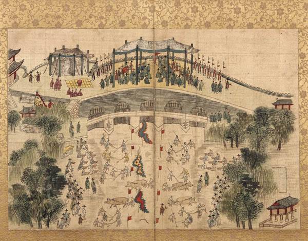 1760년(영조 36) 4월 영조가 흥인문 오간수문에 행차해 청계천 준설의 현장을 관람한 것을 그린  중 ‘수문상친림관역도(水門上親臨觀役圖)’. 국왕 행사용 ‘용봉차일(차양막)’ 속에 표현된 붉은 일산 아래 영조가 앉아 있었다. 그러나 임금의 모습을 직접 그리지는 않았다. / 부산박물관 소장