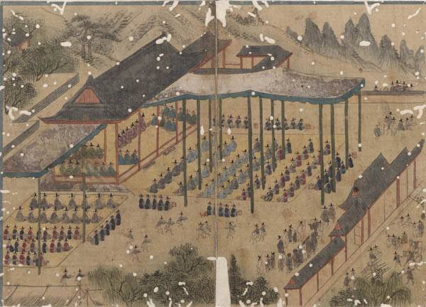 1760년(영조 36) 청계천 준설을 기념하는 행사를 그린 . 청계천 준설에 참여한 모든 관계자를 연융대에 불러 연회를 베풀었다. 영조는 참석하지 않았지만, 왕실용 용봉차일을 하사해주었다. / 서울대 규장각 한국학연구원 소장