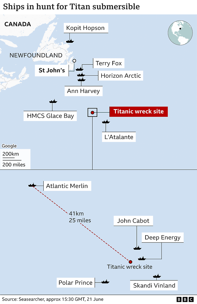 잠수정 ‘타이탄’을 찾기 위해 투입된 선박의 위치