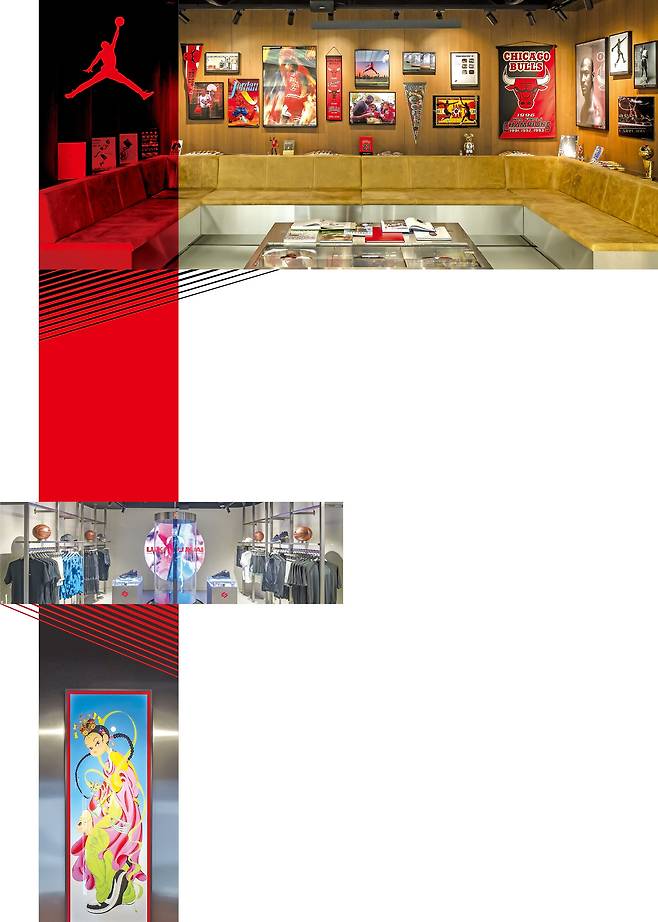 ‘더 라운지’에는 조던의 사진과 슬램덩크 만화책을 뒀고, 조던이 미국프로농구(NBA)에서 우승할 때 신었던 에어 조던 6·7·8·11·14 등이 전시돼 있다.
2층 매장 전경(가운데). 피팅룸 문을 열면 서인지 일러스트레이터가 그린 ‘이지 브리즈’가 반긴다.