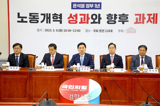 김기현 국민의힘 대표가 지난달 9일 국회에서 열린 여의도연구원 주최 ‘윤석열 정부 1년-노동개혁 성과 그리고 향후 과제’ 행사에서 발언하고 있다. 박민규 선임기자