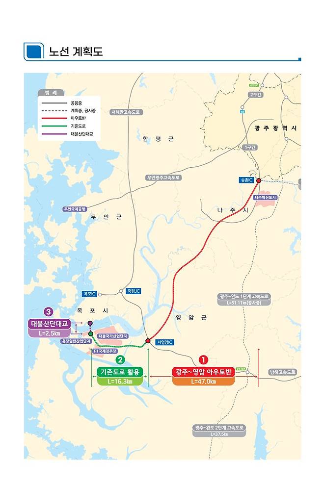 전남도가 서남권 경제 발전과 관광 활성화를 목표로 한 '전남 서남권 사회간접자본(SOC) 신프로젝트' 추진을 위해 2023년 제1회 추경예산에 관련 사업비를 확보하는 등 속도를 내고 있다. 사진은 광주~영암·목포 아우토반과 대불산단대교 노선 계획도. 전남도 제공