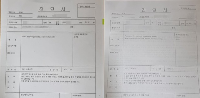 피해자가 지난해 12월과 올 3월에 병원에서 '공황장애'와 '우울증' 판정을 받은 진단서. /피해자 제공