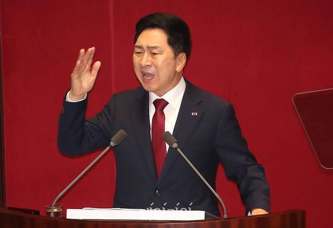 김기현 국민의힘 대표가 20일 국회에서 열린 본회의에서 교섭단체 대표연설을 하고 있다.ⓒ데일리안 박항구 기자
