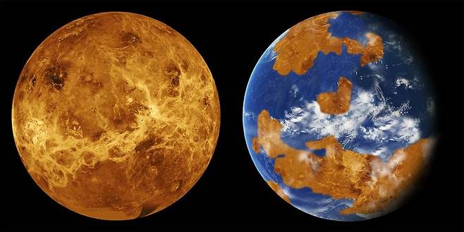 NASA의 마젤란 금성 탐사선이 촬영한 금성의 모습(왼쪽)과 수억년 전 바다가 있었을 것으로 예상되는 과거 금성의 모습 상상도. (사진=NASA) *재판매 및 DB 금지