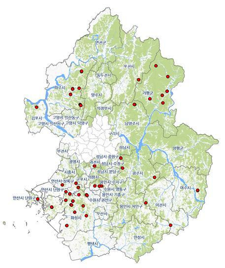 경기도가 24개 시·군의 기획부동산 투기 우려 지역 24.82㎢를 1년간 토지거래허가구역으로 재지정했다. 사진은 지난 2021년 도내 일부 지역의 토지거래허가구역 지정 현황.(경기도 제공)/
