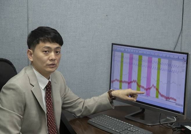 대검찰청 과학수사부 방철 심리분석실장이 19일 오후 서울 대검찰청 국가디지털포렌식센터에서 인터뷰를 진행하고 있다. 사진은 심리생리검사 그래프. /박상훈 기자