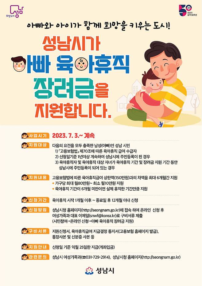 아빠 육아휴직 장려금 지원사업 안내 포스터. 성남시 제공