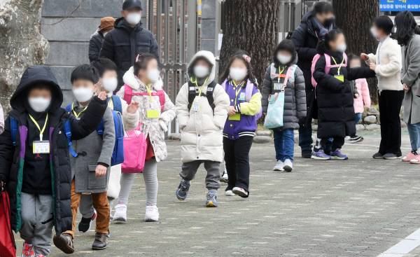 초등학교 입학생들이 선생님의 안내에 따라 줄지어 교실로 들어가고 있다. 국제신문DB