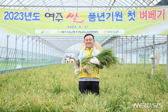 27일 첫 벼베기에 나선 이충우 여주시장