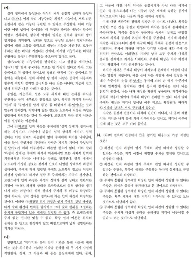 현대철학 분야 지문이 출제된 2024학년도 6월 모의평가 국어영역 공통 14번 문제.