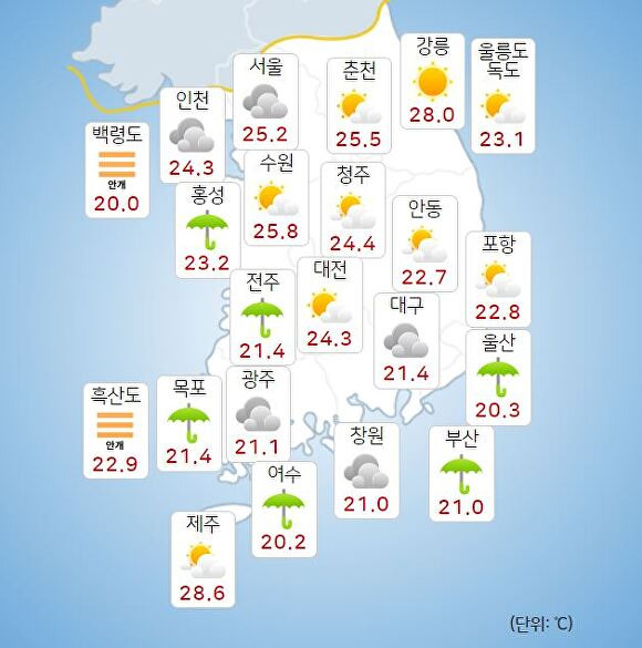 28일 오전 9시 현재 전국 날씨. [사진=기상청 날씨누리]