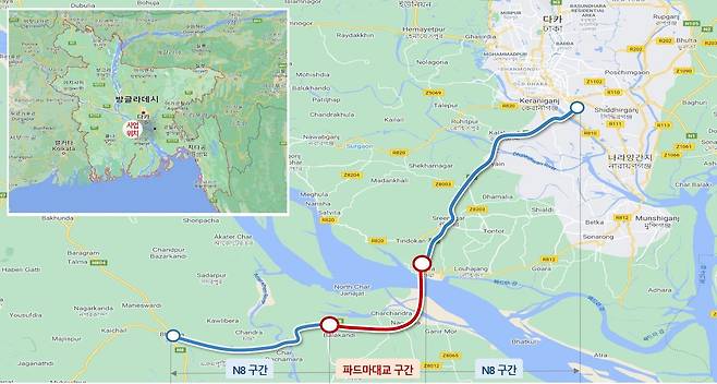 파드마대교와 N8 고속도로 노선도. 자료 한국도로공사