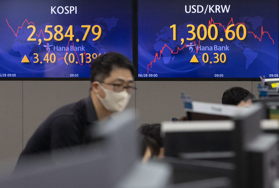 Screens in Hana Bank's trading room in central Seoul show foreign and stock markets open on Wednesday. [NEWS1]