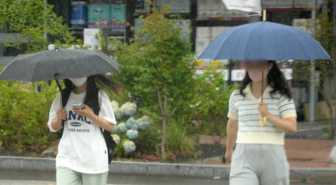 [전주=뉴시스] 김얼 기자 = 전국적으로 장맛비가 내리기 시작한 26일 전북 전주시 백제대로에서 시민들이 우산으로 비를 피하며 길을 지나고 있다. 2023.06.26.