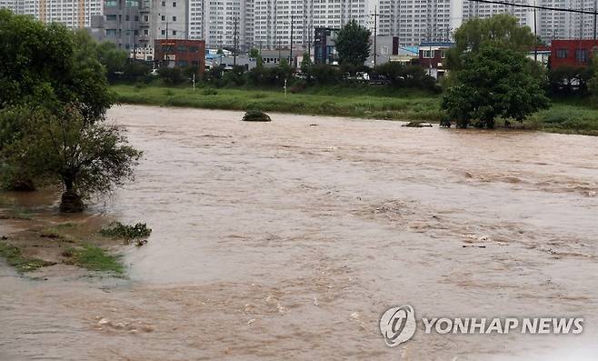 범람한 광주천 (광주=연합뉴스) 정다움 기자 = 호우특보가 발효된 28일 광주 북구 임동 광천2교 인근 광주천이 범람해 있다. 2023.6.28 daum@yna.co.kr