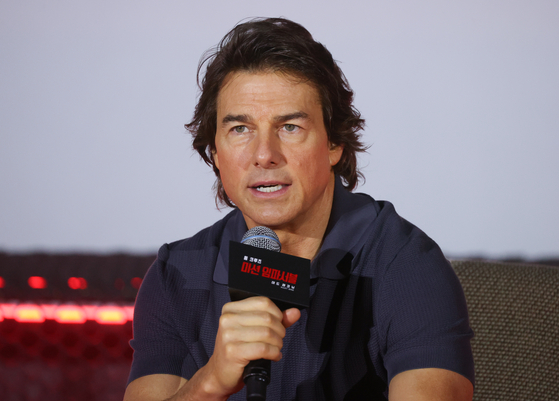 American actor Tom Cruise speaks during a press conference for ″Mission: Impossible — Dead Reckoning Part One″ at Lotte Cinema World Tower branch in Songpa District, southern Seoul, on Thursday. [YONHAP]