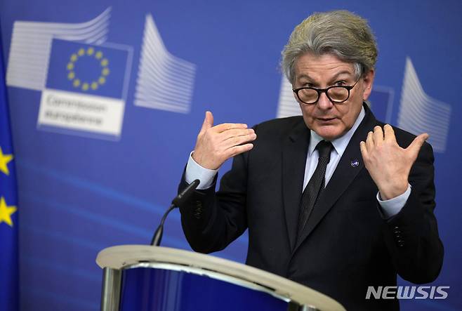 FILE - European Commissioner for Internal Market Thierry Breton speaks during a signature ceremony regarding the Chips Act at EU headquarters in Brussels, Tuesday, Feb. 8, 2022. The European Union's executive arm proposed new legislation Thursday, Sept. 15, 2022, that would force manufacturers to ensure that devices connected to the internet meet cybersecurity standards, making the 27-nation bloc less vulnerable to attacks. (AP Photo/Virginia Mayo, file)