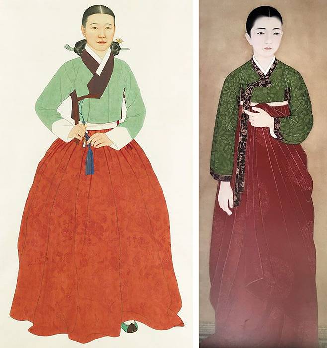 지난달 공개된 김현철 화백의 새 춘향 영정(왼쪽), 1961년 제작된 김은호 화백의 춘향 영정(오른쪽). 남원시는 김은호 화백에 대해 친일 논란이 일자 지난 2020년 10월 그가 그린 춘향 영정을 철거하고, 최근 새 영정을 만들었다. /남원시