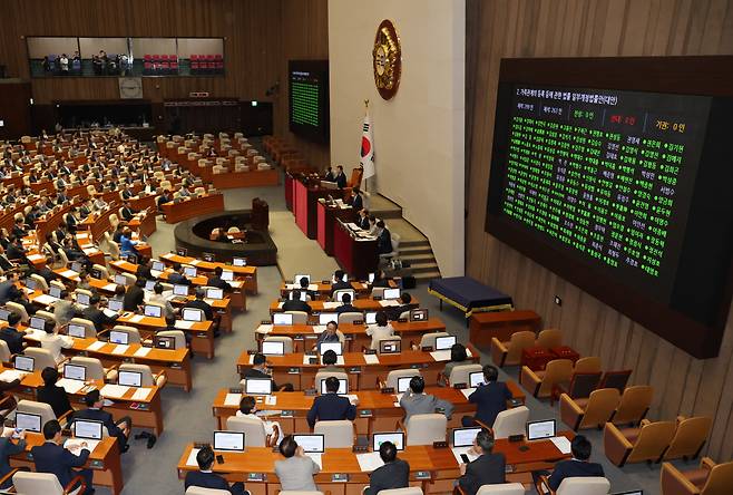 30일 국회 본회의에서 '출생통보제' 도입을 위한 '가족관계 등록 등에 관한 법률 개정안'을 의결하고 있다. [연합]