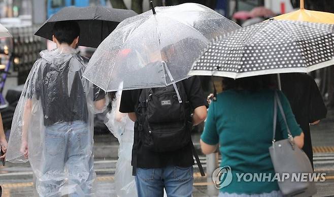 '우비무환' (대구=연합뉴스) 윤관식 기자 = 장맛비가 내린 29일 오후 대구 중구 동성로에서 시민들이 우비와 우산으로 비를 피하고 있다. 2023.6.29 psik@yna.co.kr