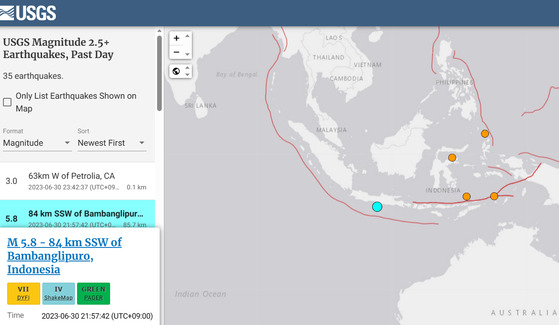 30일 밤 인도네시아 자바섬에서 규모 6.0 지진이 발생했다고 유럽지중해 지진센터가 밝혔다. 미국 지질조사국(USGS)도 자바섬 지진을 규모 5.8로 분석 발표했다. 〈사진=미국 지질조사국〉