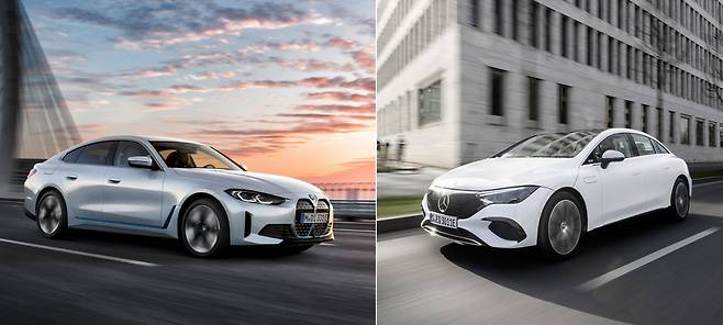 BMW ‘뉴 i4’(왼쪽)와 메르세데스-벤츠 ‘EQE’. [BMW 코리아, 메르세데스-벤츠 코리아 제공]