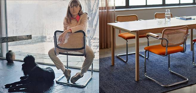 마르셀 브로이어의 딸 프란체스카 브로이어(Francesca Breuer)가 자신의 집에서 자신의 이름을 딴 세스카(Cesca) 의자에 앉아있는 모습(왼쪽). 브로이어의 코네티컷 뉴캐넌 집에서 촬영했다. [ⓒJohn Naar. the Knoll Archive]