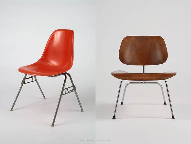 찰스 임스(Charles Eames)와 레이 임스(Ray Eames) 부부의 스태킹 체어(왼쪽), 금속 다리가 있는 라운지 의자인 LCM(오른쪽). [ⓒEams Office]