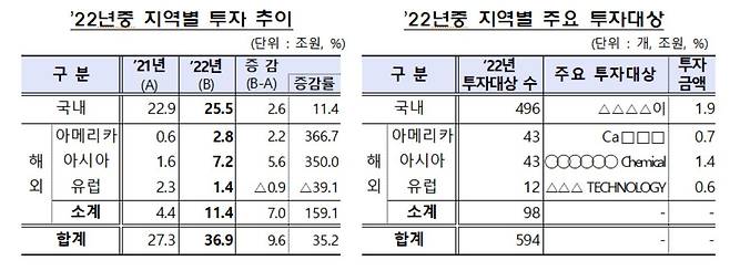 2022년 기관전용 사모펀드 투자 내역 (자료: 금융감독원)