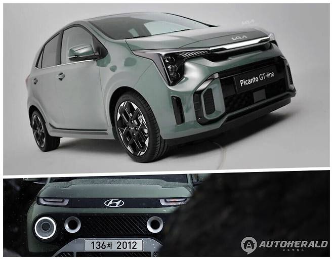 기아 모닝 부분변경 전면부 예상(위) 이미지와 현대차 캐스퍼 전면부(아래)