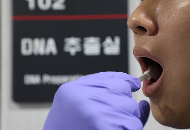 이한철 연구관이 구강상피세포 추출 도구를 기자의 입안에 넣고 세포를 추출하고 있다. 이 연구관이 “아프진 않다”며 눈을 질끈 감은 기자를 안심 시켰다. 이렇게 긁어 확보한 샘플이 DNA 분석에 쓰인다. /이명원 기자