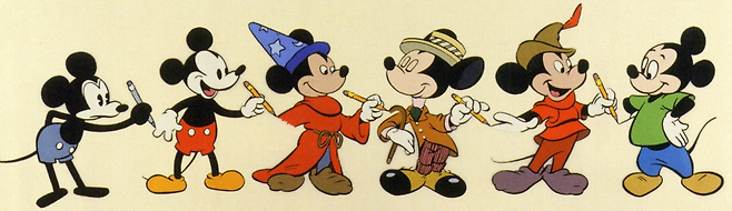 초창기 미키 마우스(왼쪽)는 지금보다 실제 쥐와 더 비슷했지만, 시간이 갈수록 머리가 커지고, 팔다리가 통통해지는 등 아기와 닮은 요소를 더해 귀엽게 변화했다. 월트디즈니